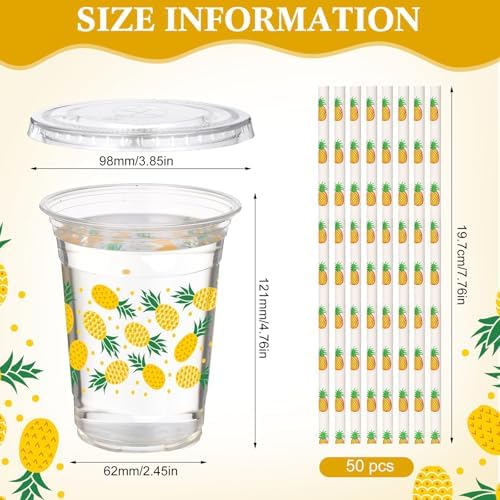 Funnymoom 50 Sets Pineapple Disposable Plastic Cups Bulk with Lids Straws 16 oz Hawaii Luau Clear Plastic Cups Yellow Fruit Themed Party Favors for Baby Shower Birthday Summer Tropical Party