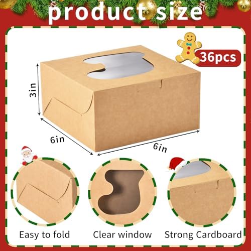 KPOSIYA 36 Pack Christmas Cookie Boxes for Gift Giving, 6x6x3 Inch Brown Bakery Box With Window, Large Holiday Cookie Tins With Lids, Small Xmas Treat Box for Pastry Dessert Cupcakes Packaging