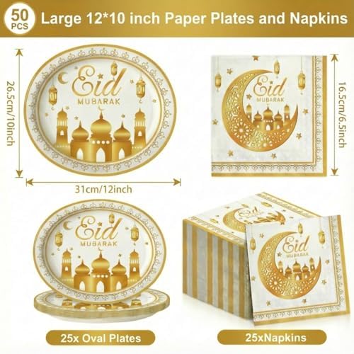 Dereinwo 50 Pcs Ramadan Eid Mubarak Paper Plates and Napkins Set