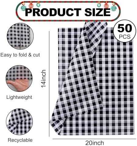 BEISHIDA Christmas Gingham Tissue Paper Bulk, White and Black Buffalo Plaid Wrapping Tissue Paper for Gift Bags, 14 x 20 Inch Gift Wrap for Christmas Easter DIY Crafts Decor Holiday Flowers-50pcs