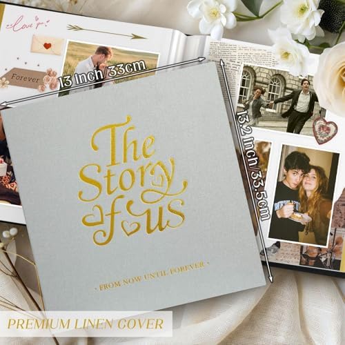 Lanpn Couples Scrapbook Photo Album - The Story of Us, Linen Wedding Anniversary Self Adheisve Picture Book holds 4x6 5x7 A5 Photo for Love Newlywed Valentine's Day (Large 40 Sheets/80 Pages, Grey)