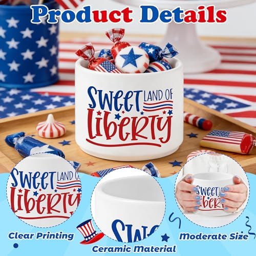 Patriotic 4th of July Candy Dish, Independence Day Mini Ceramic Candy Bowl Tiered Tray Centerpiece Decor, Snack Serving Table Wishes Accents for Party Home Kitchen (Sweet Land of Liberty)