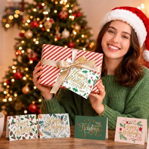 AmazingSpark 120 Pack Happy Holiday Card with Envelope Bulk Green Botanical