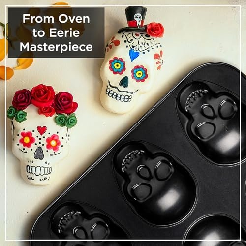 Wrenbury Large Skull Baking Pan - 6 Cup Metal Muffin Tin for Pizza Cupcakes