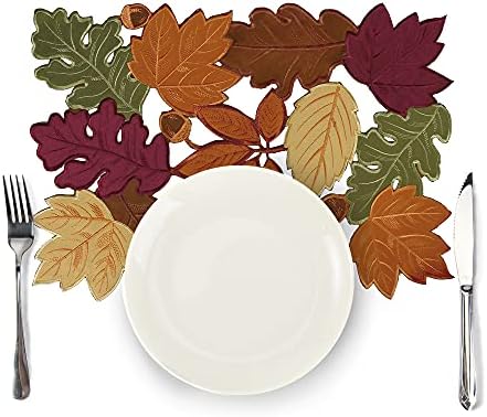 OWENIE 4 PCS Thanksgiving Placemats for Dining Table, 13 x 19 Inch Set of 4 Embroidered Maple Leaves Table mats for Fall, Harvest Applique Leaf for Autumn Decorations