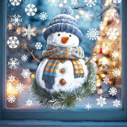 Christmas Window Clings Blue Snowman Window Stickers with Green Garland Double Sided White Snowflake Window Decals Removable Glass Decals for Holiday Home Classroom Party Seasonal Ornaments