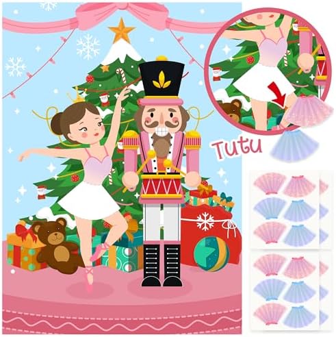 Pin The Tutu On The Ballerina Game Christmas Nutcracker Soldier Ballet Dancer Poster with 24 Stickers Xmas Winter Holiday New Year Birthday Carnival Activity Party Decorations Supplies for Kids Girls