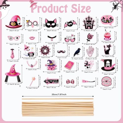 Halloween Photo Booth Props 30 PCS Set, Pink Photoshoot Decorations, Party Favors Supplies Halloween Games Kit with Sticks & Adhesive Dots