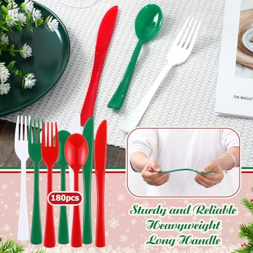 Minatee 180 Pcs Plastic Silverware Heavy Duty Cutlery Sets Disposable Utensils for Holiday Birthday Themed Party Supplies, 60 of Each Forks Knives Spoons (Red,Dark Green,White)