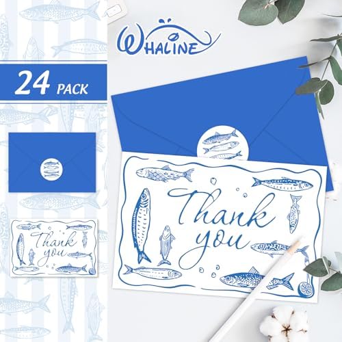Whaline 24 Pack Sardine Thank You Cards Blue Fish Market Greeting Card with Envelope Sticker Blank Note Card for Summer Coastal Theme Birthday Baby Shower Dinner Party