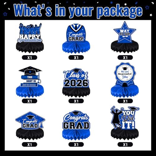 Graduation Decorations Class of 2026, Centerpieces for Tables, Congrats Grad Honeycomb Table Toppers, Graduation Party Supplies, Blue