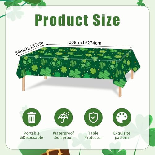 3-Piece 54 x 108 Inch St. Patrick’s Day Plastic Tablecloth – Green Shamrock Disposable Rectangle Table Covers for Irish Party, Lucky Day Celebrations, and St. Paddy’s Decorations