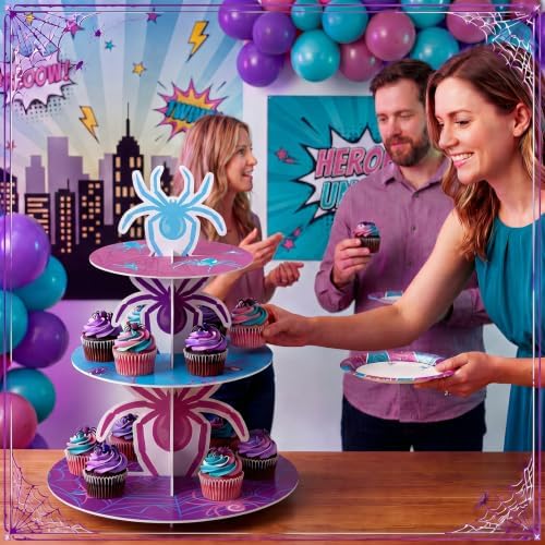 3 Tier Spider Cupcake Stand Decoration Pink Spider Cupcake Tower Purple Blue Spiderweb Table Decoration Hero Theme Dessert Holder Table Display for Hero Birthday Party Baby Shower Supplies