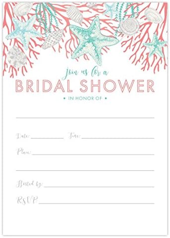 Beach Bridal Shower Invitations Set of 25 Cards and Envelopes, Fill-In Style with Corals, Shells and Starfish. Printed on Heavy 140lb Card Stock.