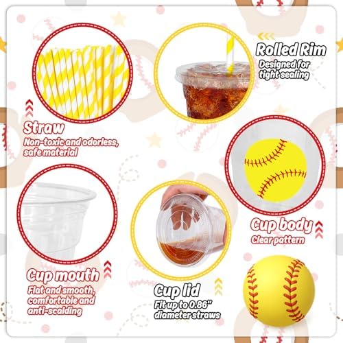 Whaline 50Pcs 12Oz Softball Disposable Plastic Cups with Lids and Straws Cute Softball Cold Beverage Drinking Cups for Sports Theme Birthday Party Supplies