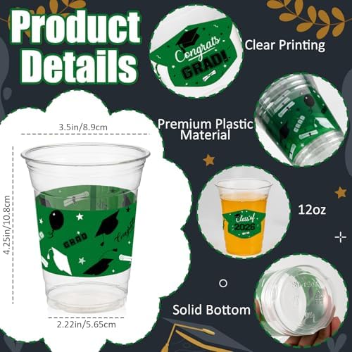 GuassLee 2026 Graduation Party Decoration Cups - 100pcs 12 Oz Black Green Disposable Graduation Plastic Cups for Drinks Class of 2026 Congrats Grad Party Tableware Supplies Decor
