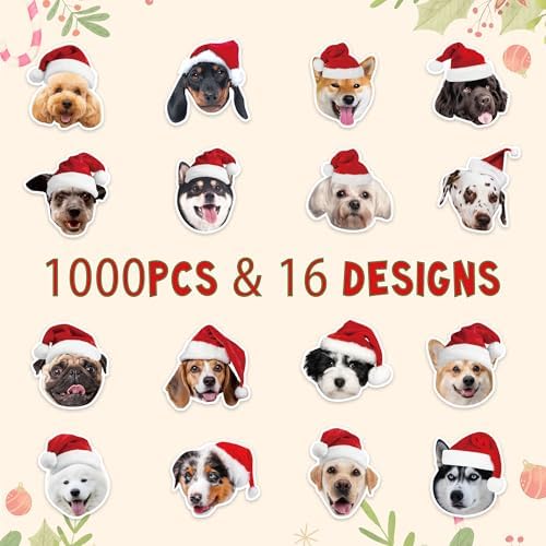 H1vojoxo Christmas Dog Sticker Rolls - 1000PCS Christmas Dog Stickers for Kids 16 Designs Xmas Cute Dogs Realistic Stickers for Craft Water Bottles Holiday Cute Dogs Sticker for Envelopes Gift Decor