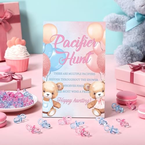 Thyle 51 Pcs Bear Pacifier Hunt Baby Shower Games Include Hunt Sign and 50 Acrylic Pacifiers for Pink and Blue Baby Shower Game Decoration Sets Gender Reveal Newborn Announcement Party Decor