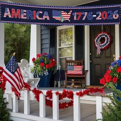 250th Anniversary America Banner Decorations, 1776-2026 USA 250th Birthday Yard Flag Party Supplies, 4th of July Patriotic Banner with Grommets for Home Outdoor Indoor Party Decor