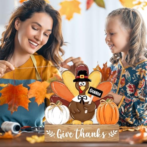Thanksgiving Turkey Wooden Table Sign Decorations, Give Thanks Turkey Pumpkin with Raffia Bow Rustic, Autumn Harvest Fall Tiered Tray Centerpieces Tabletop Farmhouse Home Decor Gobble
