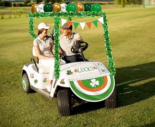 33Pcs St Patricks Day Golf Cart Parade Decorations Kit - Green Bunting Burlap Flag Tinsel Garlands Banner Balloons for Irish Float Party Decor