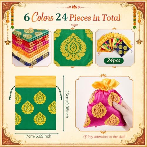 Kacctyen 24 Pcs Indian Return Gift Bags Bulk Traditional Potli Bags for Jewelry 6.7 x 9'' Banyan Leaf Print Fabric Return Gift Pouch with Drawstring for Pooja Diwali Housewarming Wedding Party Favor
