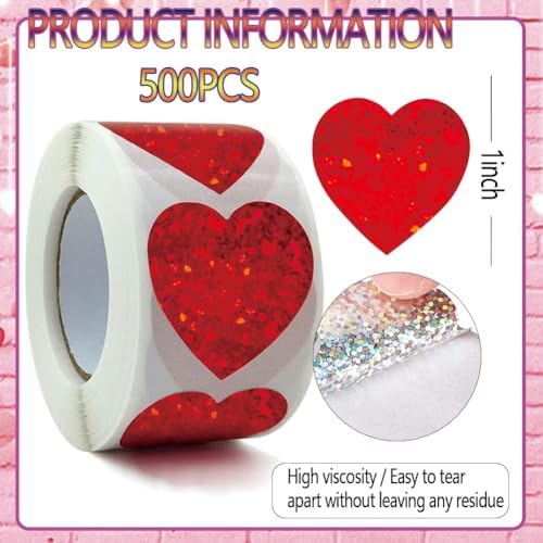 500PCS Valentines Red Heart Stickers Roll 1in Metallic Sparkling Stickers Self Adhesive Waterproof Reflective Heart Sticker Love Decorative Labels for Valentine's Day Envelopes Decorations