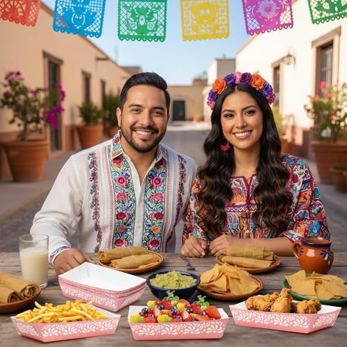Mexican Taco Nights Food Trays - 50P Cielito Lindo Pink Flower Unassembled Taco Nights Food Trays Nacho Snack Candy Holder Disposable Paper Plates Carnival Party Supplies Food Containers