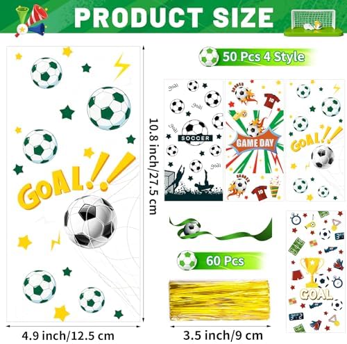 QOIUSO 50PCS Soccer Cellophane Treat Bags - Clear Plastic Goodie Bags with 60 Gold Twist Ties - Soccer Party Favor Bags for Candy, Snacks, Game Day, Sports Events, Birthday & School Activities