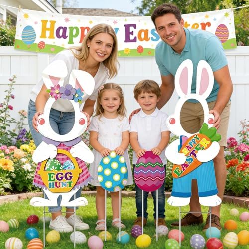 4Pcs Easter Outdoor Yard Signs Decorations,35.43 Inch Cute Bunny Face Yard Sign Photo Props with Metal Stakes,Waterproof Happy Easter Signs for Egg Hunt,Photography,Spring Outdoor Lawn Garden Decor