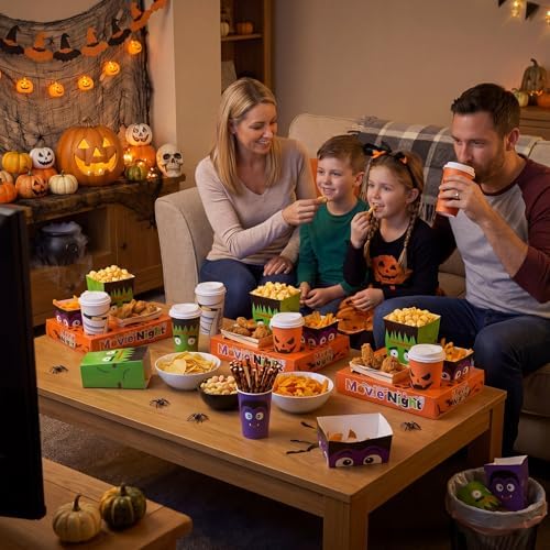 Bokon 172 Pcs/ 24 Sets of Summer Halloween Movie Night Snack Trays Funny Cartoon Pumpkin Vampire 3 Sizes Snack Boxes, 16 oz Disposable Drinks Cups, 50 Straws, Sealing Stickers for Cinema Party Decor