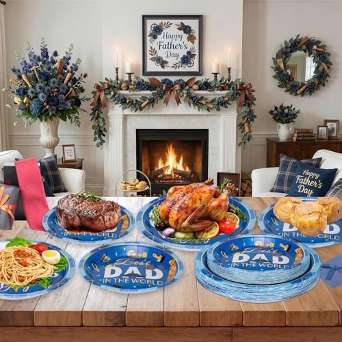 24 Pcs Happy Father's Day Plates Set - Blue Best Dad Paper Plate, Disposable Happy Fathers Day Round Dinner Dessert Plates Tableware for Grandpa Father Days Party Supplies Favors Table Decorations