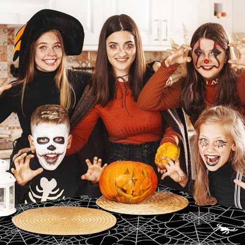 3-Piece 54 x 108 Inch Halloween Spider Web Plastic Tablecloth - Black and White Cobweb with Spiders Patterns, Disposable Rectangle Table Cover for Birthday Dining Table Cover Indoor Outdoor Decoration