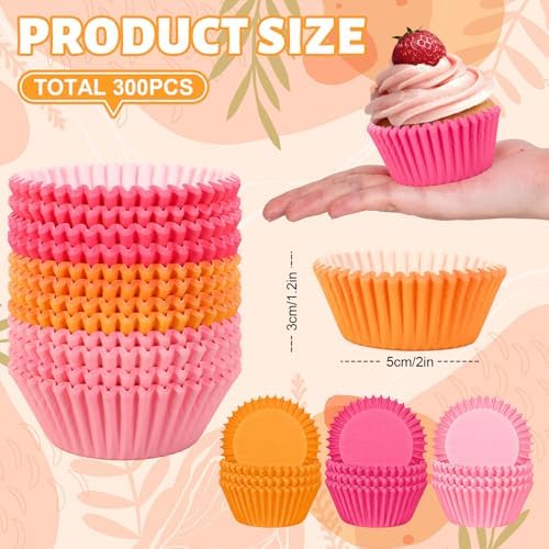 Whaline 300Pcs Orange Pink Cupcake Liners Paper Baking Cups Summer Standard Muffin Cupcake Wrappers for Party Supplies Table Decor