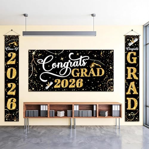 Class of 2026 Graduation Decorations, 3 Pcs Black Gold Congrats Grad Banner and Backdrop Set with 1 Photo Backdrop and 2 Hanging Banners for Indoor Outdoor Party Decor