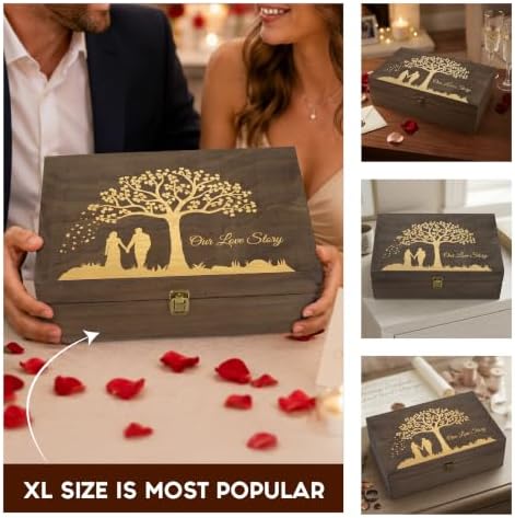 Wedding Engraved Wooden Keepsake Box, Our Love Story Memory Box with Inside Engraving, Wedding Gift Box for Photos, Letters & Precious Couple Memories, X-Large 14.15 x 9.5 x 4.5 Inch