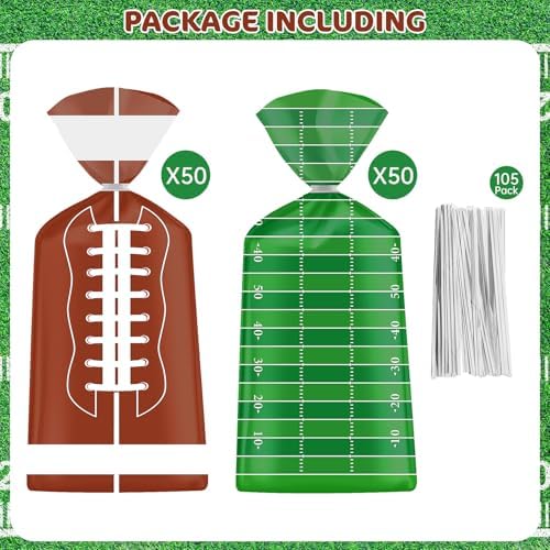 100 Pcs Football Goodie Bags - Brown Green Football Treat Bags, Plastic Rugby Sport Cellophane Snack Gift Candy Goody Bag with Silver Twist Ties for Sports Team Events Birthday Party Favors Supplies