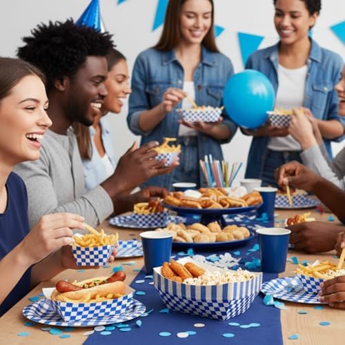 30 Pcs No Folding Required 2lb Gingham Disposable Paper Food Trays for Shower Wedding Tea Party Supplies Nacho Snack (Blue)