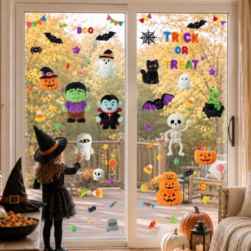 Halloween Decorations Window Clings, 8 Sheets Plush Style Zombie Skeleton Monster Vampire Pumpkin Halloween Decals, Cute Double Sided Printed Glass Door clings Decals for Home Office School Party