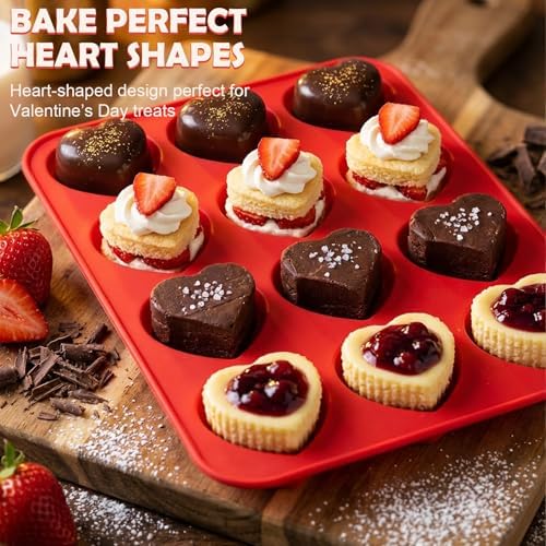HKNMTT 2Pcs Silicone Heart Molds for Chocolate Muffin 12-Cavity Nonstick