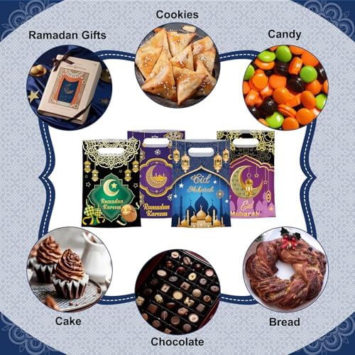 50 Pcs Ramadan Gift Bags with Handles - Eid Mubarak Goodie Bag, Ramadan Kareem Plastic Goody Candy Cookie Snack Treat Party Favor Bags Bulk for Islamic Muslim Eid Mubarak Party Supplies Favors,4 Style