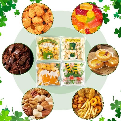 100 PCS Clear St Patricks Ziplock Bags, Plastic St Patricks Treat Gift Candy Goodie Snack Cookie Bags Party Favors Supplies for Gifts Giving Shamrock Bags Holiday Candy Bags Wrap