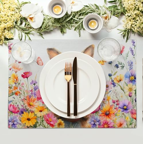 Easter Rabbit Placemats Set of 4 Spring Bunny Colorful Egg Wildflower Place Mat 12x18 Inch Seasonal Farmhouse Linen Fabric Table Mats for Kitchen Dining Outdoor Indoor Easter Party