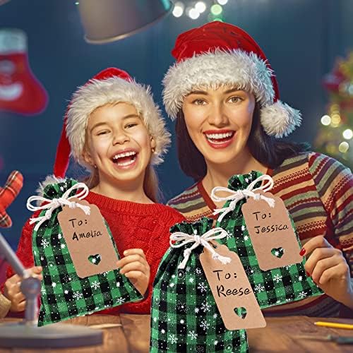 Shappy 24 Pcs Christmas Drawstring Gift Bags Xmas Buffalo Plaid Burlap Advent Bags 5.5 x 4 Inches Linen Treat Candy Bag with 32.8 ft Rope 24 Card(Black Green)