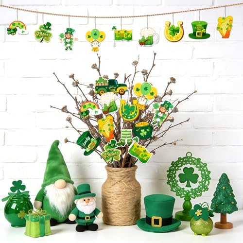 36PCS Wooden St. Patrick's Day Ornaments to Paint Shamrock Cutout Decorations,12 Styles DIY Blank Unfinished Wood Shamrock Cutouts Ornament for Tree Home Crafts Hanging, Hat Beer Gifts Indoor Spring