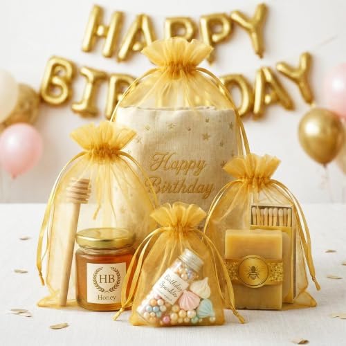 FUNFERY 100PCS Gold Organza Gift Bags 6x9in,Drawstring Pouch for Jewelry