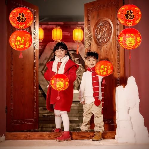 HOWAF 6pcs Chinese New Year Round Paper Lanterns Fu Chun Character Red Lantern for 2026 Lunar New Year Decorations,Spring Festival Hanging Round Lanterns Decorations,Year of The Horse Lanterns