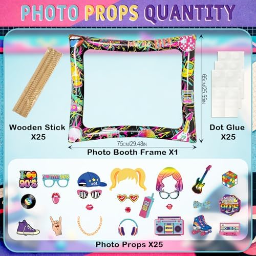 90s Inflatable Photo Frame & Props, 25Pcs Back to The 90s Photo Booth Props with Inflatable Selfie Picture Frame for 1990s Throwback Birthday Party Supplies