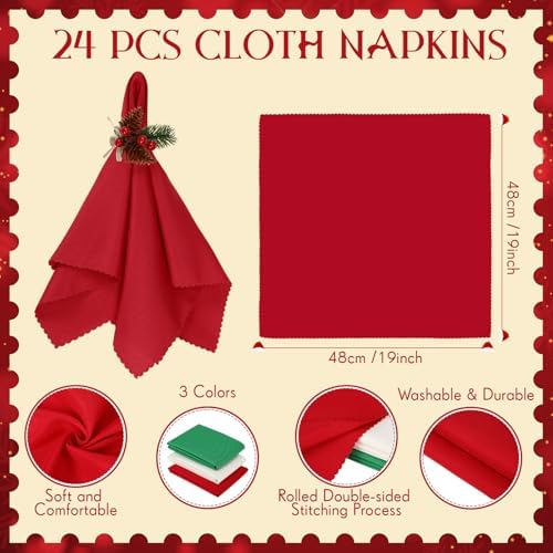 LemonRoad 36 Pcs Christmas Cloth Napkins and Napkin Ring Holders, Reusable Fabric with Pine Needle Red Fruit Napkin Rings for Xmas Table Decor, Banquet, Holiday Dinner Party, Wedding Party Supplies