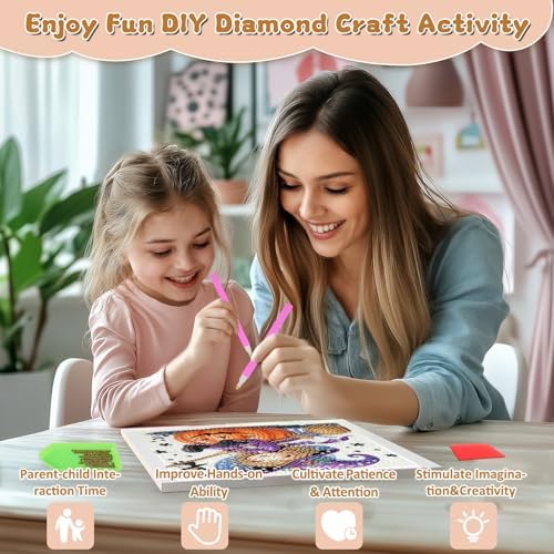 Halloween Diamond Art Painting Kits for Kids with Frame, Witch Diamond Painting Kits for Kids Ages 4-8-12, Easy Gem Arts and Crafts Gift for Girls Boys Adult Beginners Home Wall Decor(7x7inch)